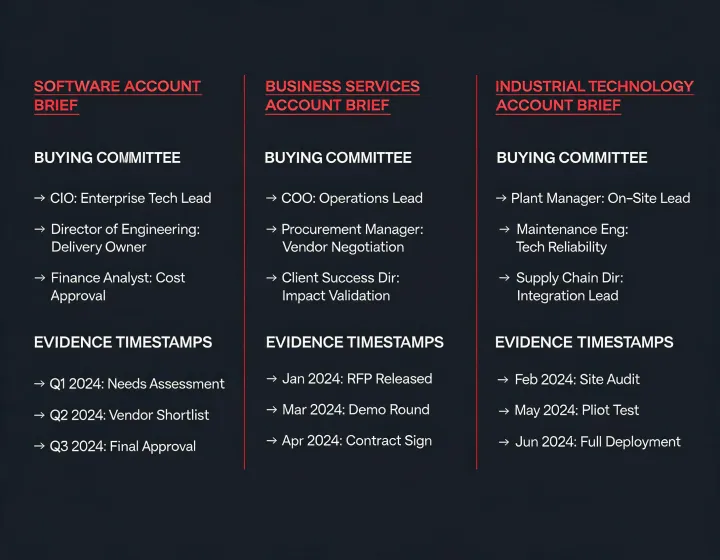 Cross-industry account research board with buying committee evidence